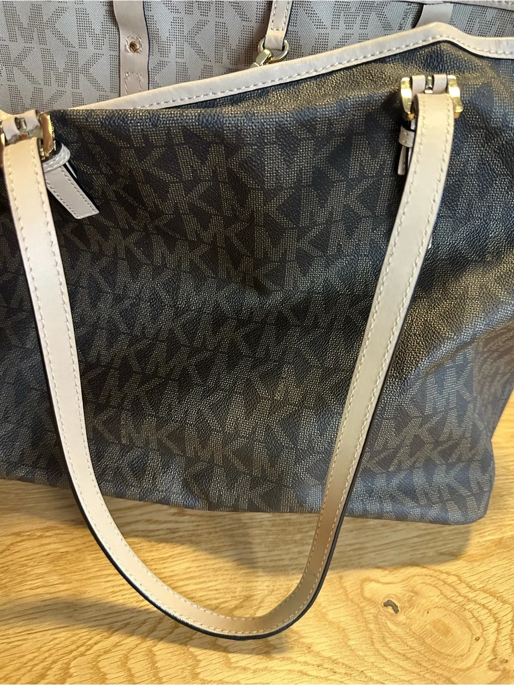 Michael Kors Brown Large Monogram Tote with Tan Trim